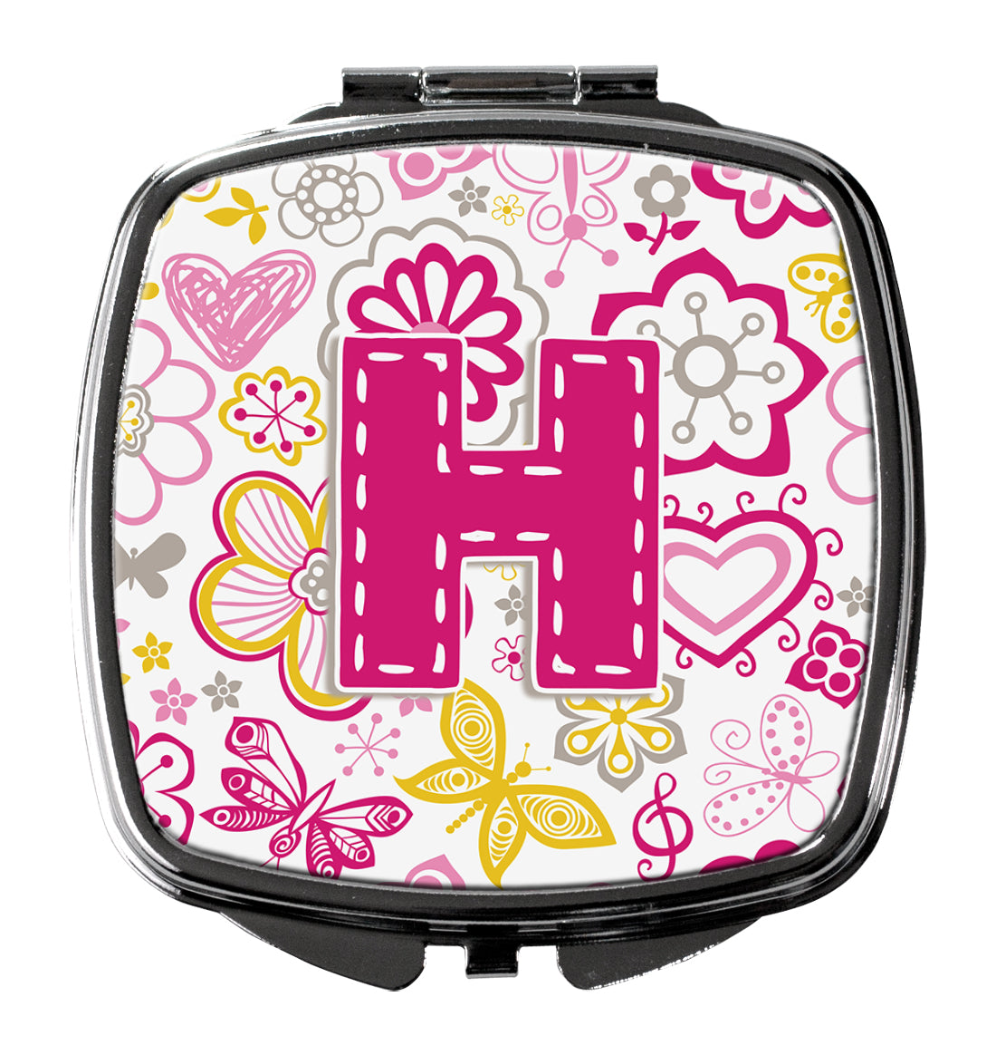 Letter H Flowers and Butterflies Pink Compact Mirror CJ2005-HSCM  the-store.com.