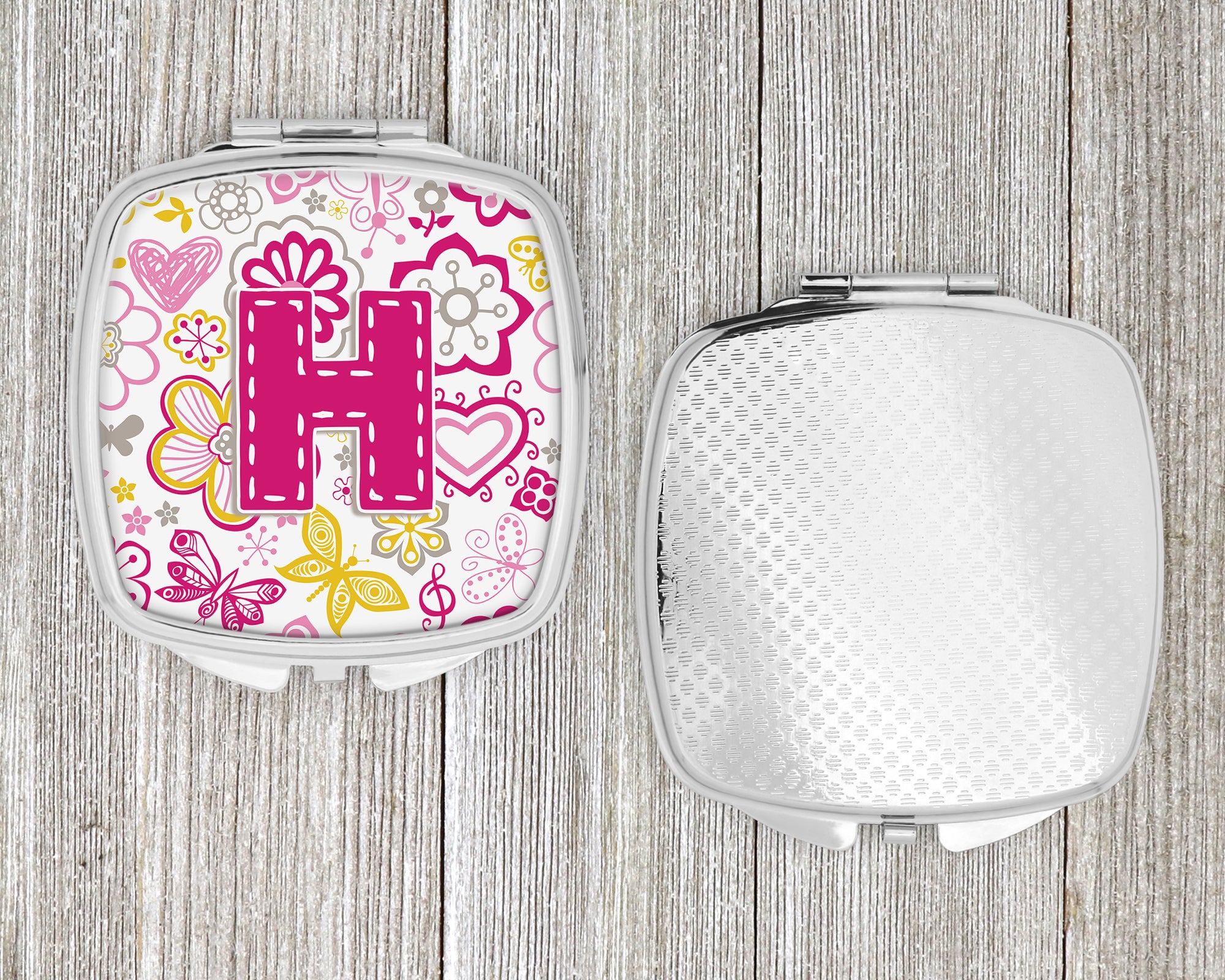 Letter H Flowers and Butterflies Pink Compact Mirror CJ2005-HSCM  the-store.com.