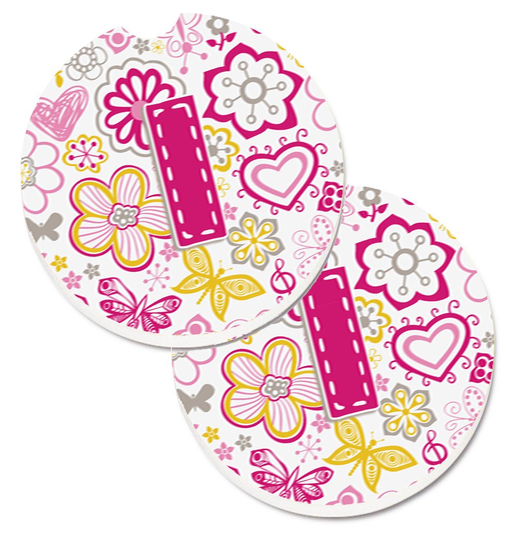 Letter I Flowers and Butterflies Pink Set of 2 Cup Holder Car Coasters CJ2005-ICARC by Caroline&#39;s Treasures