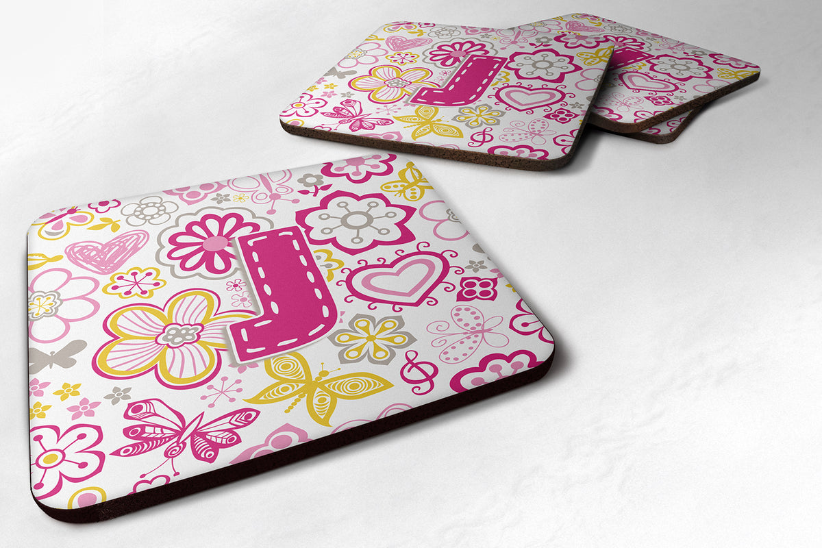 Set of 4 Letter J Flowers and Butterflies Pink Foam Coasters CJ2005-JFC - the-store.com