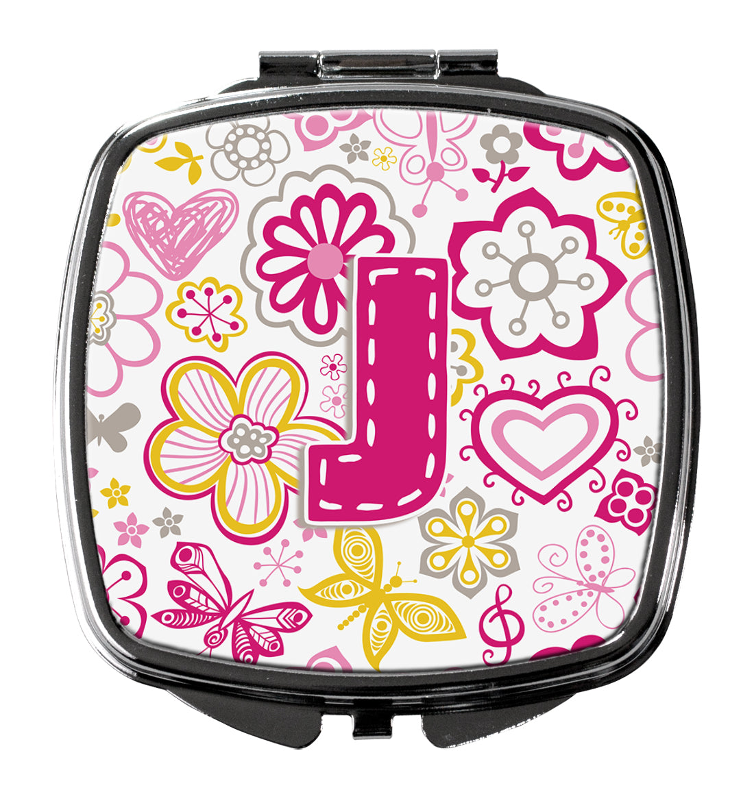 Letter J Flowers and Butterflies Pink Compact Mirror CJ2005-JSCM  the-store.com.