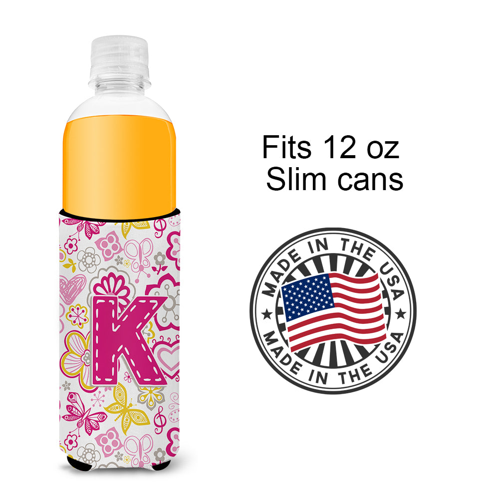 Letter K Flowers and Butterflies Pink Ultra Beverage Insulators for slim cans CJ2005-KMUK.