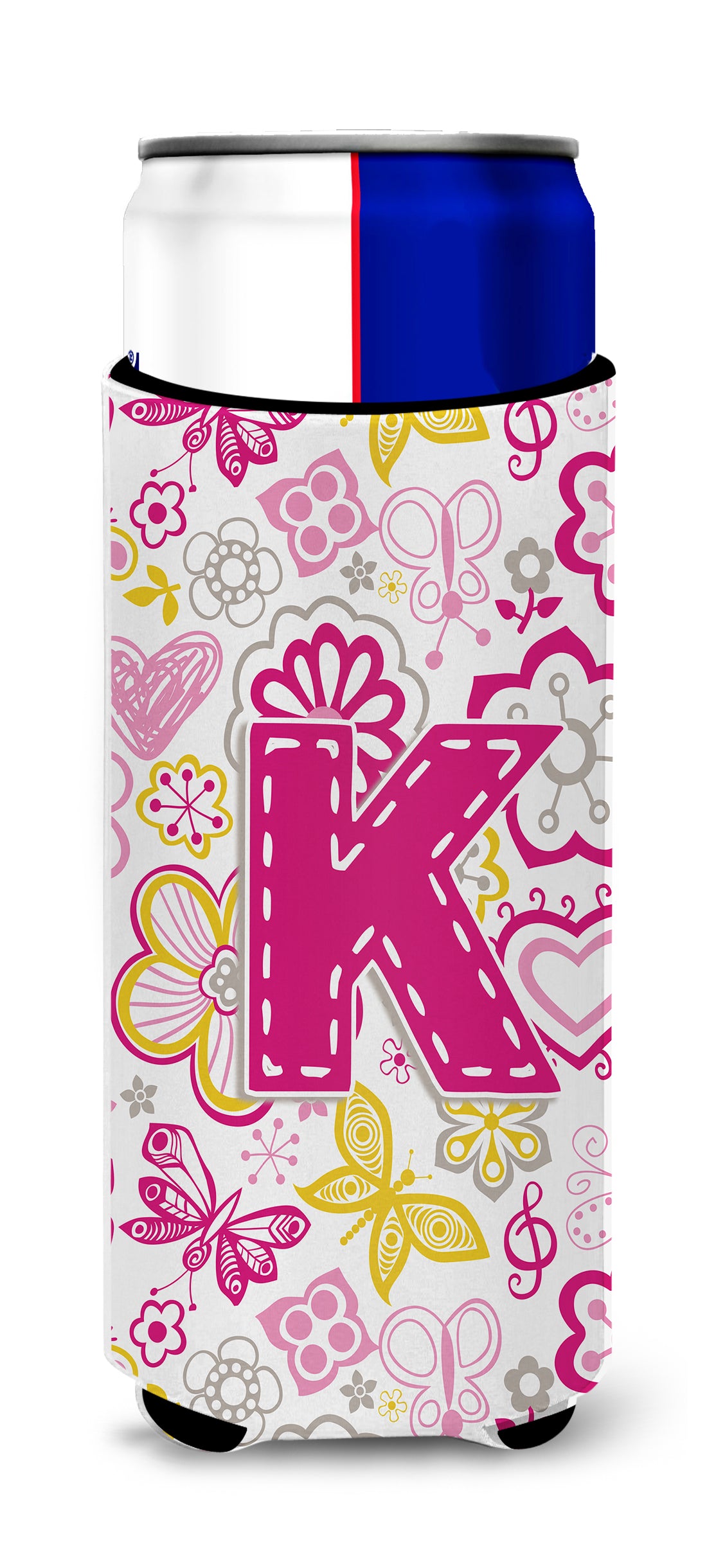 Letter K Flowers and Butterflies Pink Ultra Beverage Insulators for slim cans CJ2005-KMUK.