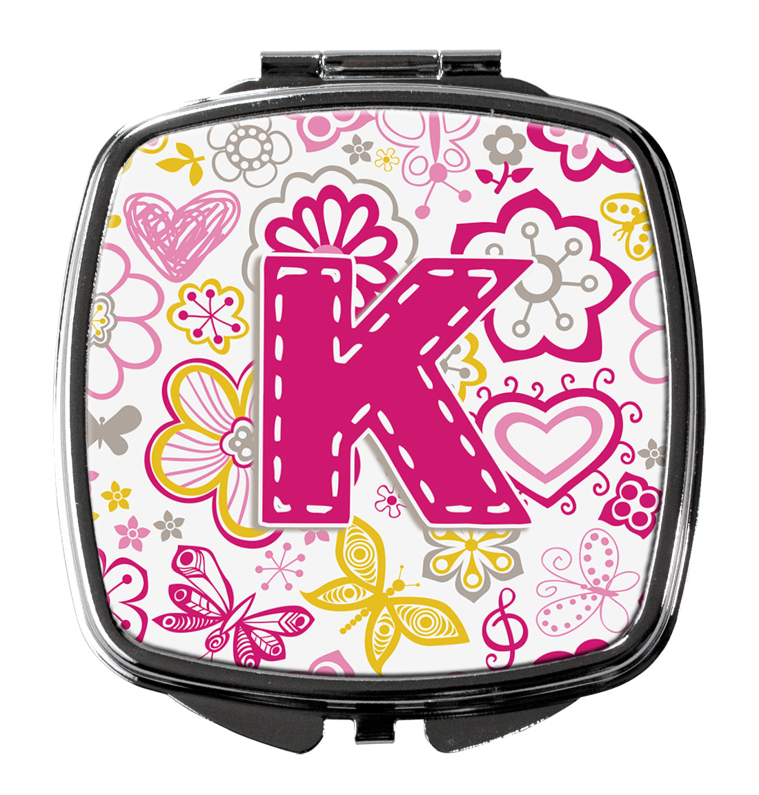 Letter K Flowers and Butterflies Pink Compact Mirror CJ2005-KSCM  the-store.com.