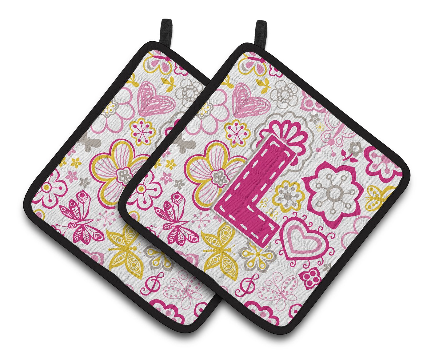 Letter L Flowers and Butterflies Pink Pair of Pot Holders by Caroline's Treasures