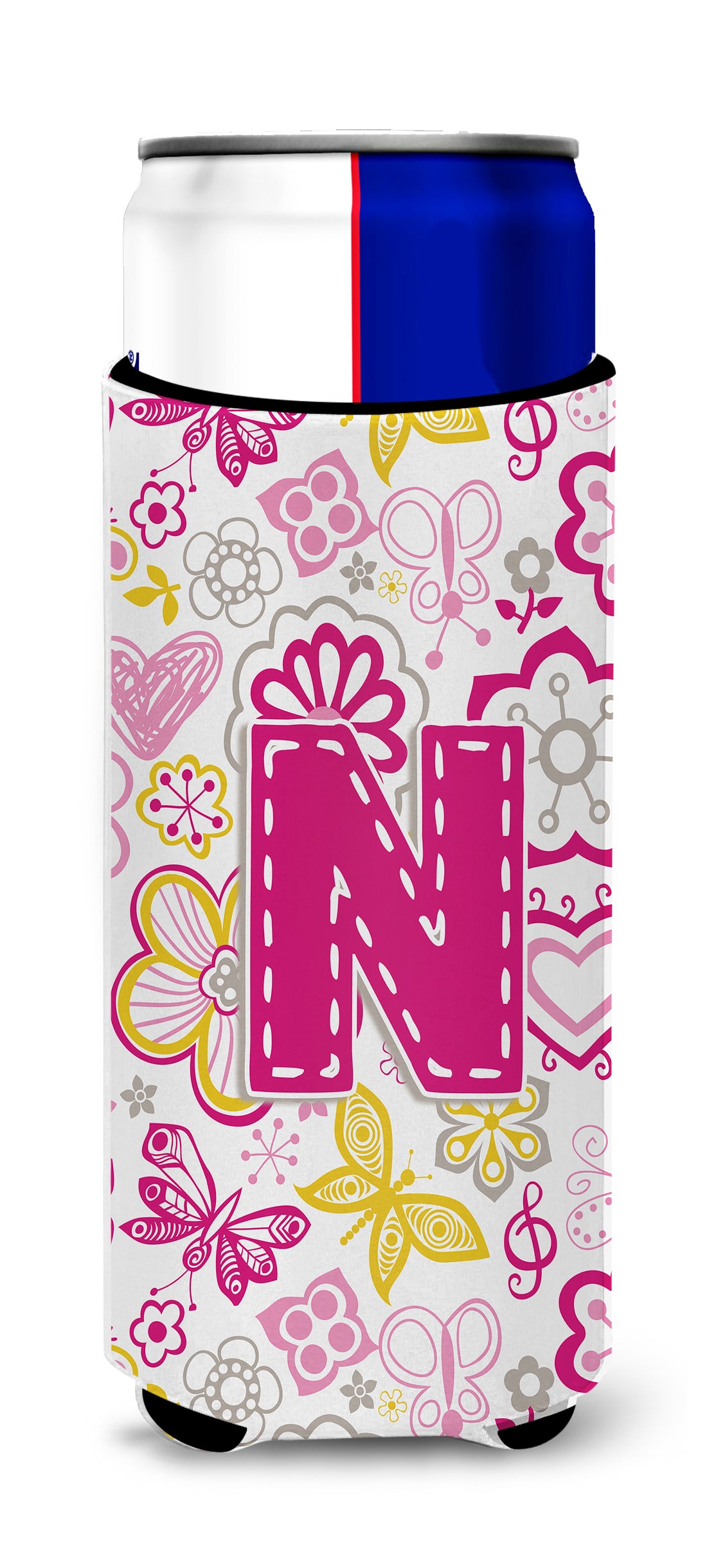 Letter N Flowers and Butterflies Pink Ultra Beverage Insulators for slim cans CJ2005-NMUK.