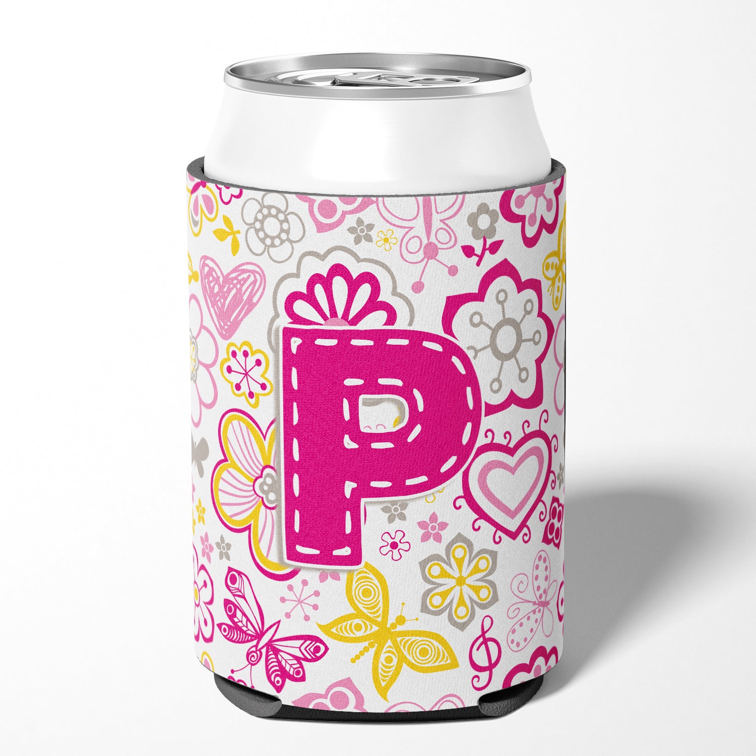 Letter P Flowers and Butterflies Pink Can or Bottle Hugger CJ2005-PCC.