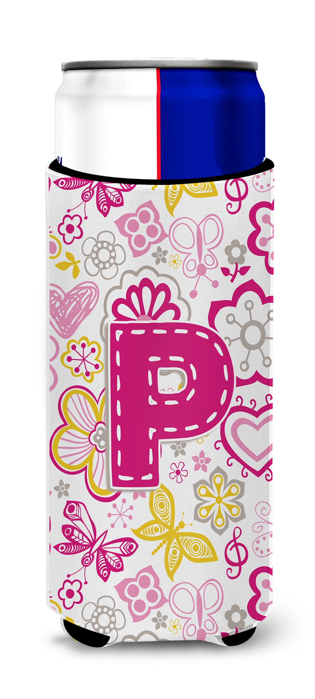 Letter P Flowers and Butterflies Pink Ultra Beverage Insulators for slim cans CJ2005-PMUK.