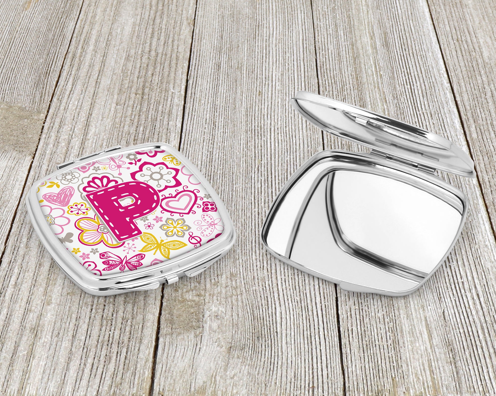 Letter P Flowers and Butterflies Pink Compact Mirror CJ2005-PSCM  the-store.com.