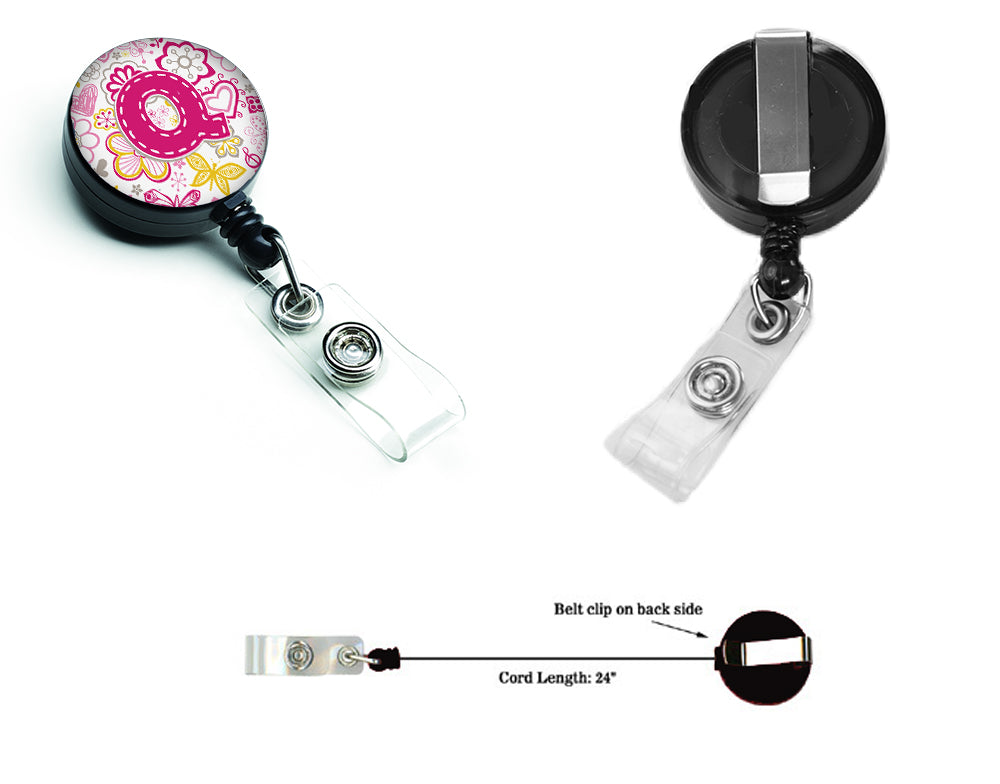 Letter Q Flowers and Butterflies Pink Retractable Badge Reel CJ2005-QBR  the-store.com.