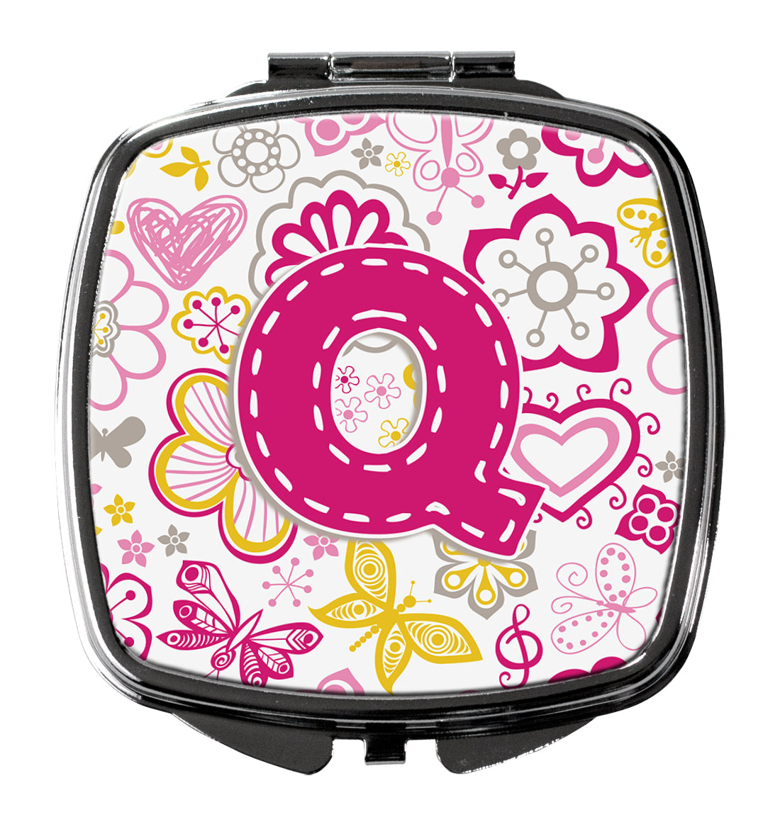 Letter Q Flowers and Butterflies Pink Compact Mirror CJ2005-QSCM  the-store.com.