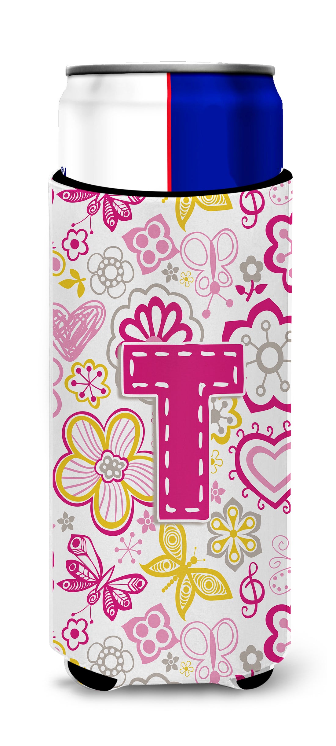 Letter T Flowers and Butterflies Pink Ultra Beverage Insulators for slim cans CJ2005-TMUK.