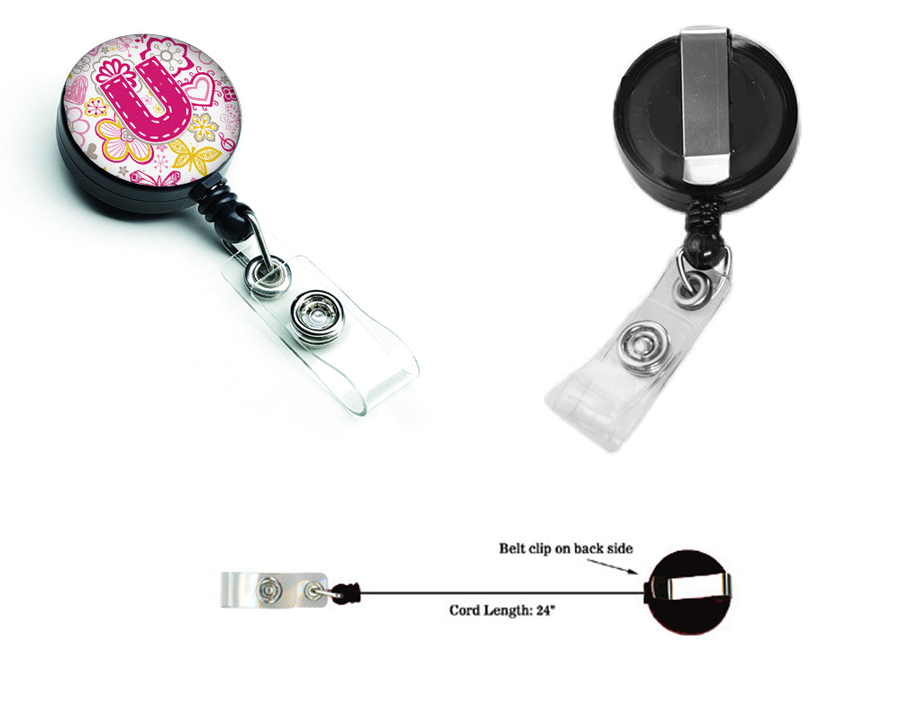 Letter U Flowers and Butterflies Pink Retractable Badge Reel CJ2005-UBR  the-store.com.