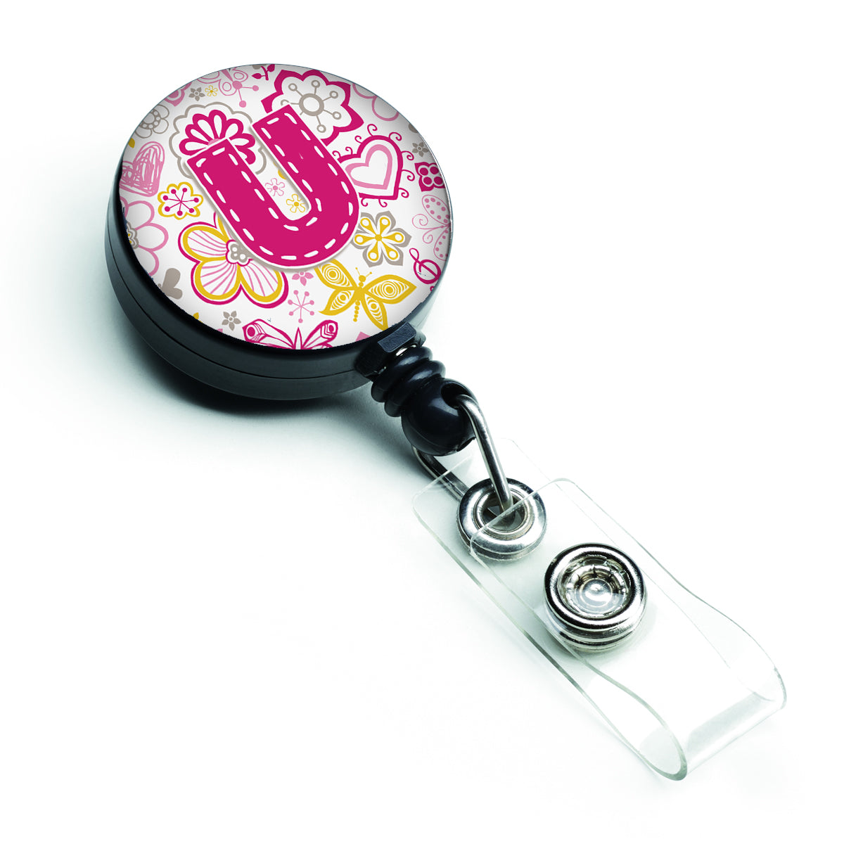 Letter U Flowers and Butterflies Pink Retractable Badge Reel CJ2005-UBR  the-store.com.