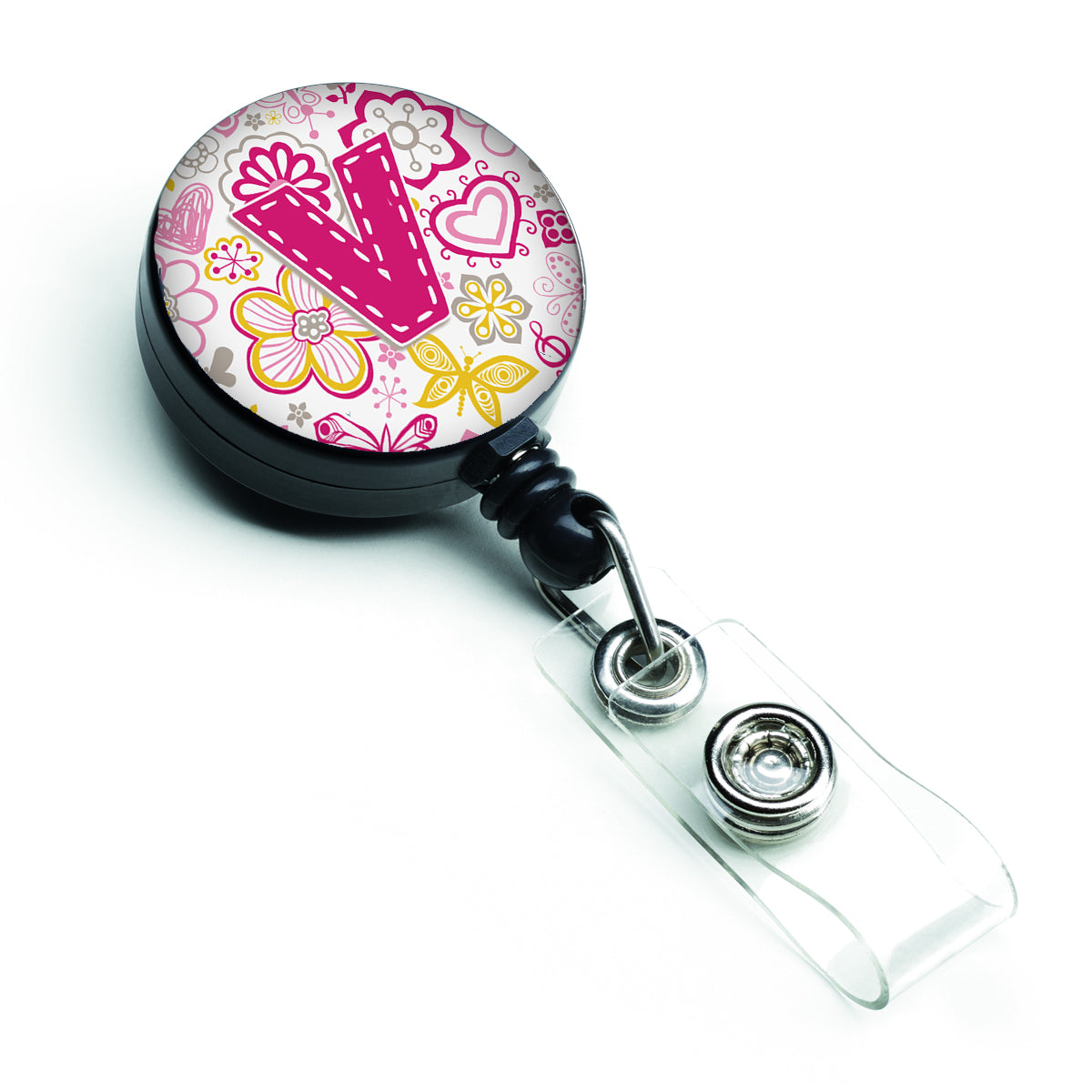 Letter V Flowers and Butterflies Pink Retractable Badge Reel CJ2005-VBR  the-store.com.