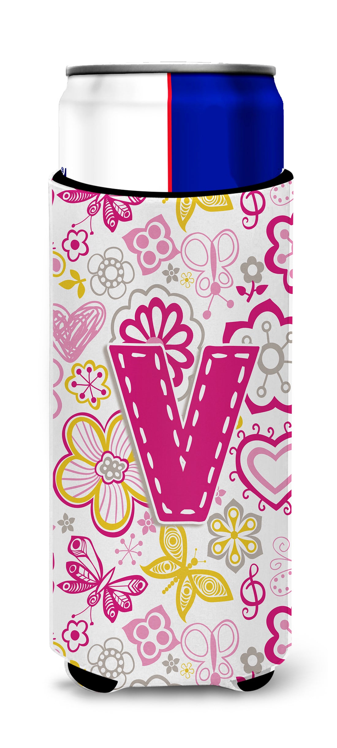 Letter V Flowers and Butterflies Pink Ultra Beverage Insulators for slim cans CJ2005-VMUK.