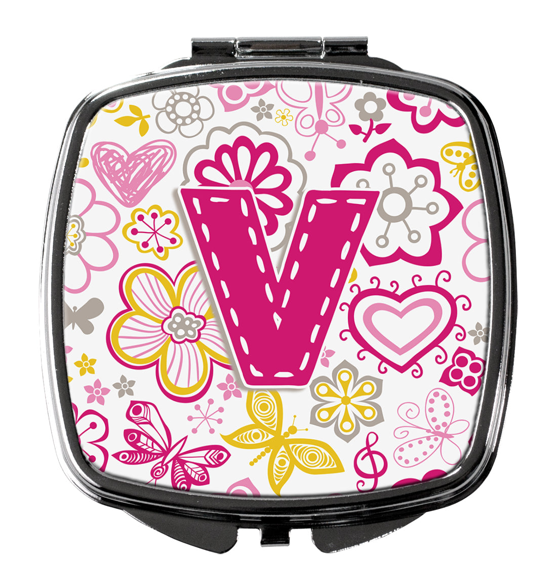 Letter V Flowers and Butterflies Pink Compact Mirror CJ2005-VSCM  the-store.com.