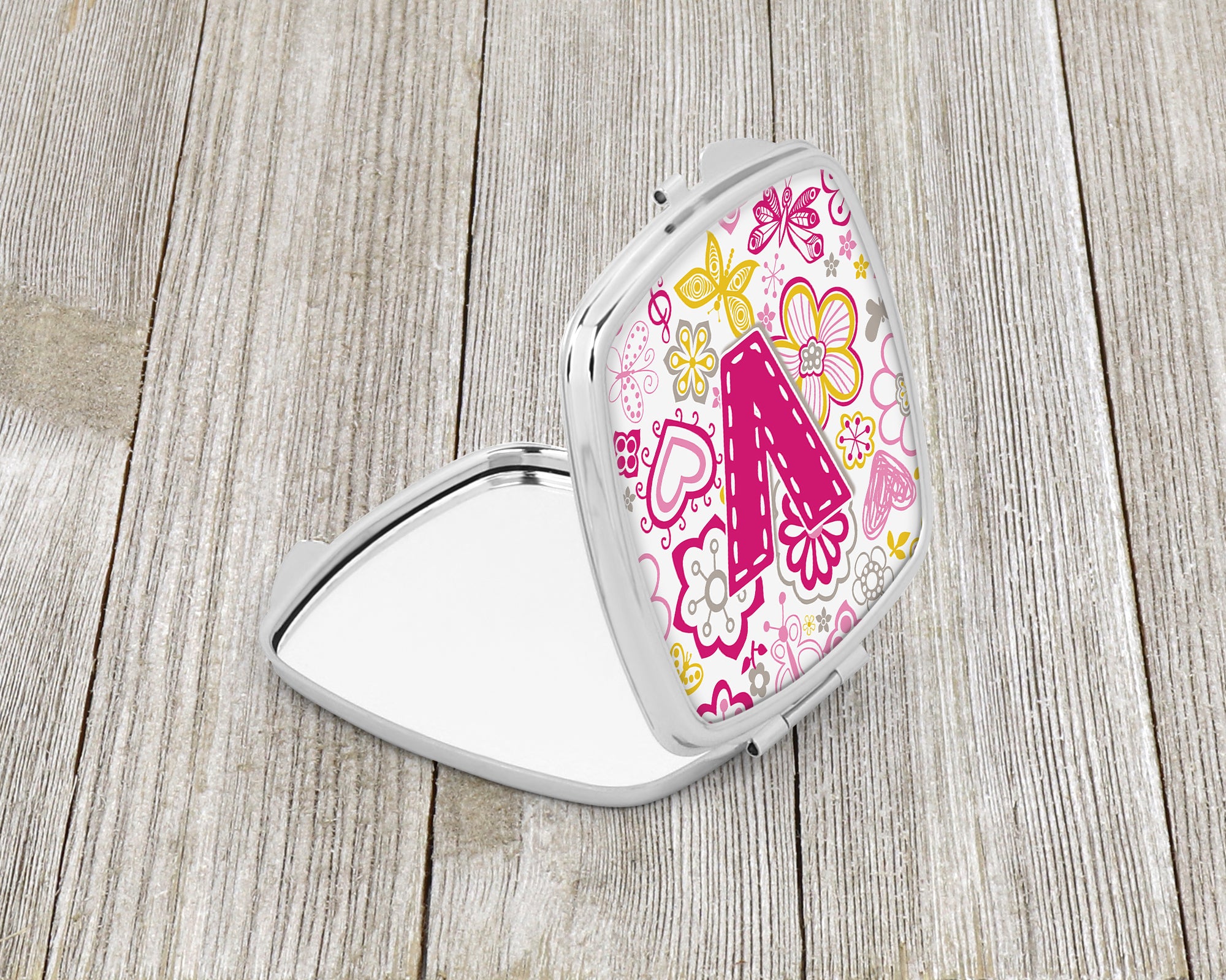 Letter V Flowers and Butterflies Pink Compact Mirror CJ2005-VSCM  the-store.com.