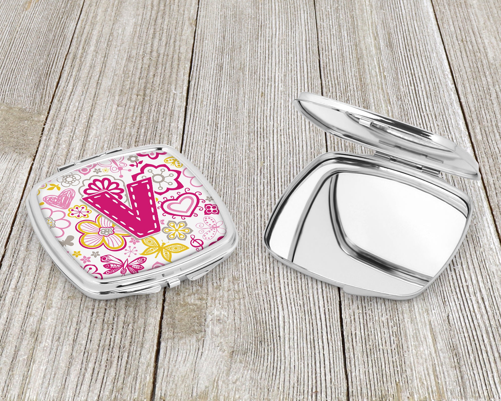 Letter V Flowers and Butterflies Pink Compact Mirror CJ2005-VSCM  the-store.com.