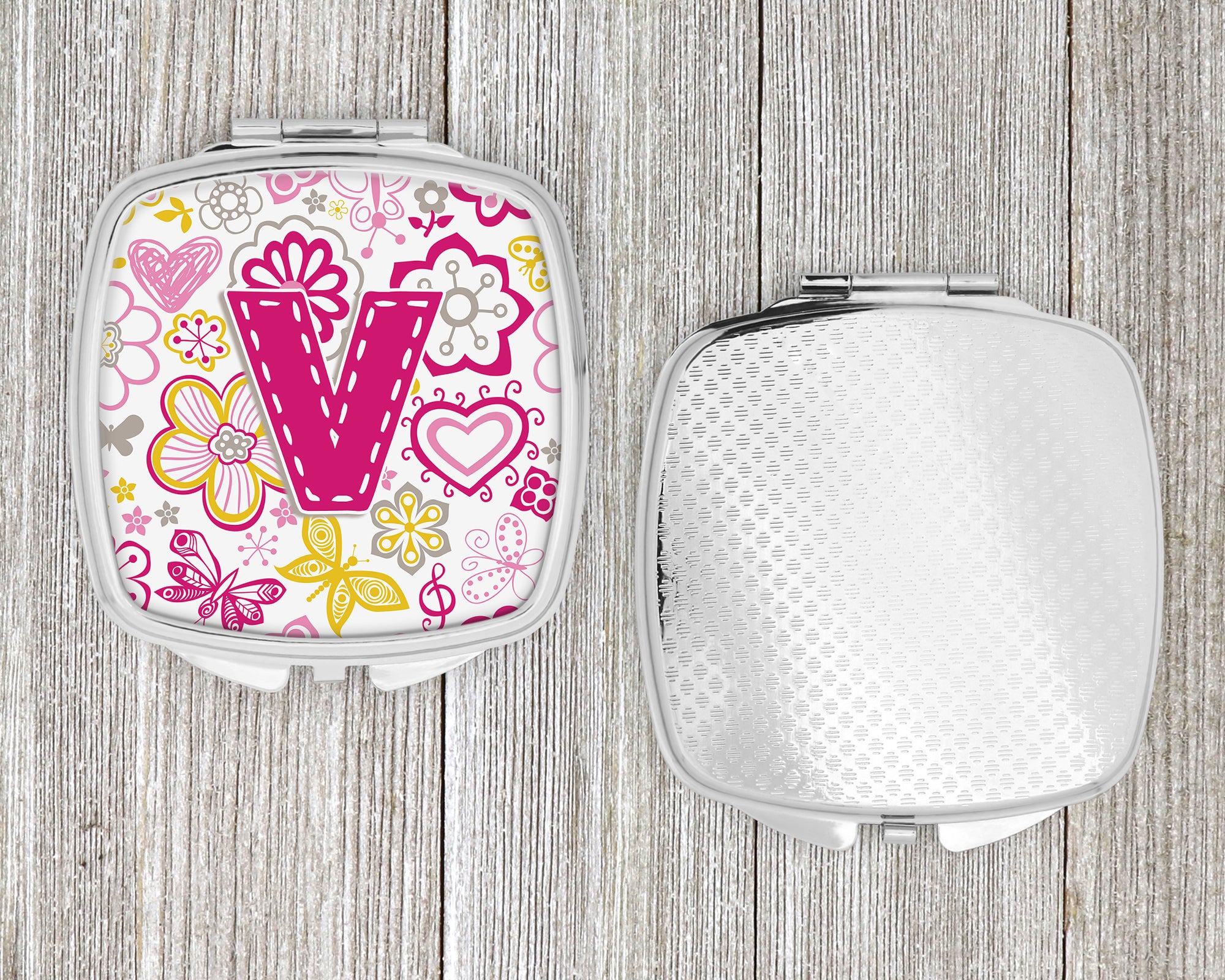 Letter V Flowers and Butterflies Pink Compact Mirror CJ2005-VSCM  the-store.com.