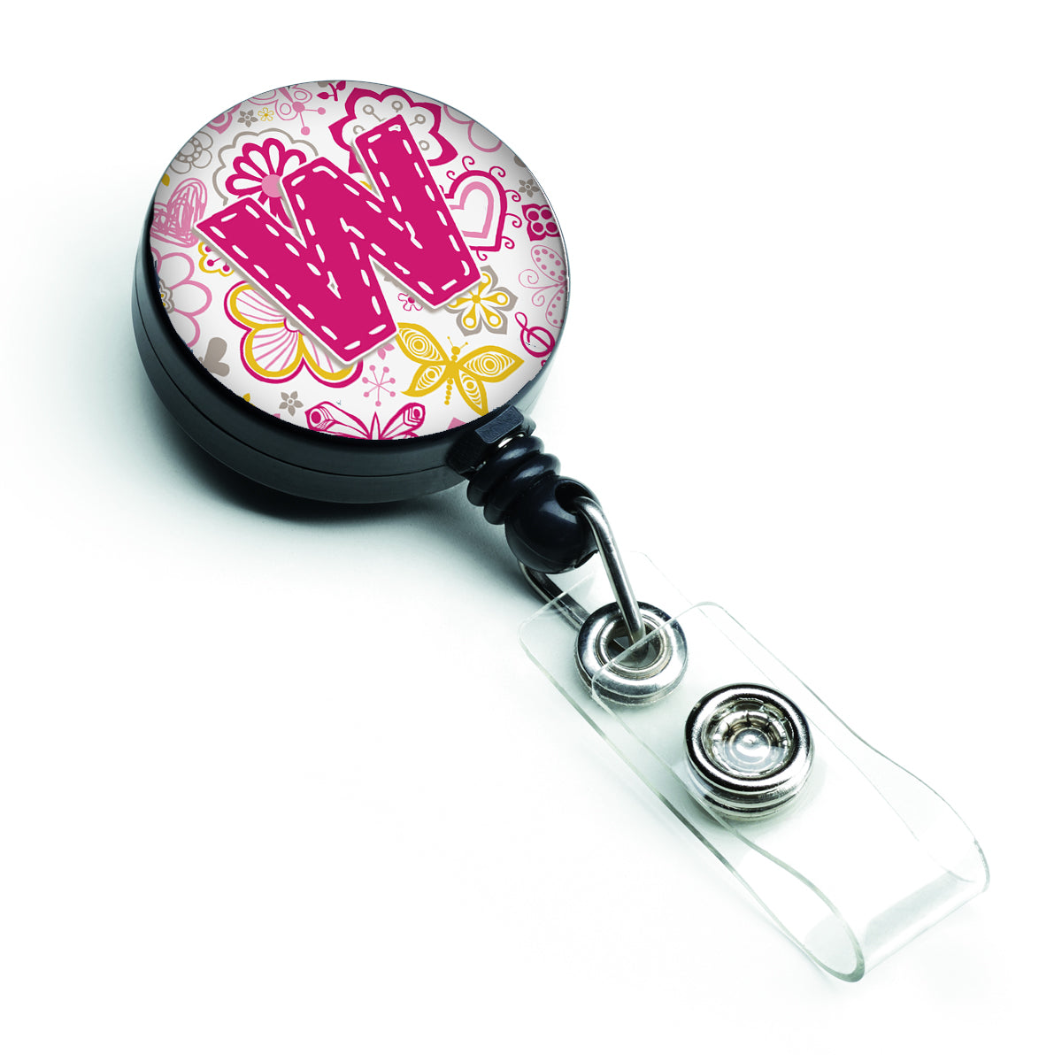 Letter W Flowers and Butterflies Pink Retractable Badge Reel CJ2005-WBR  the-store.com.