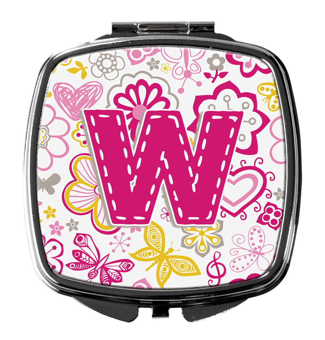 Letter W Flowers and Butterflies Pink Compact Mirror CJ2005-WSCM  the-store.com.