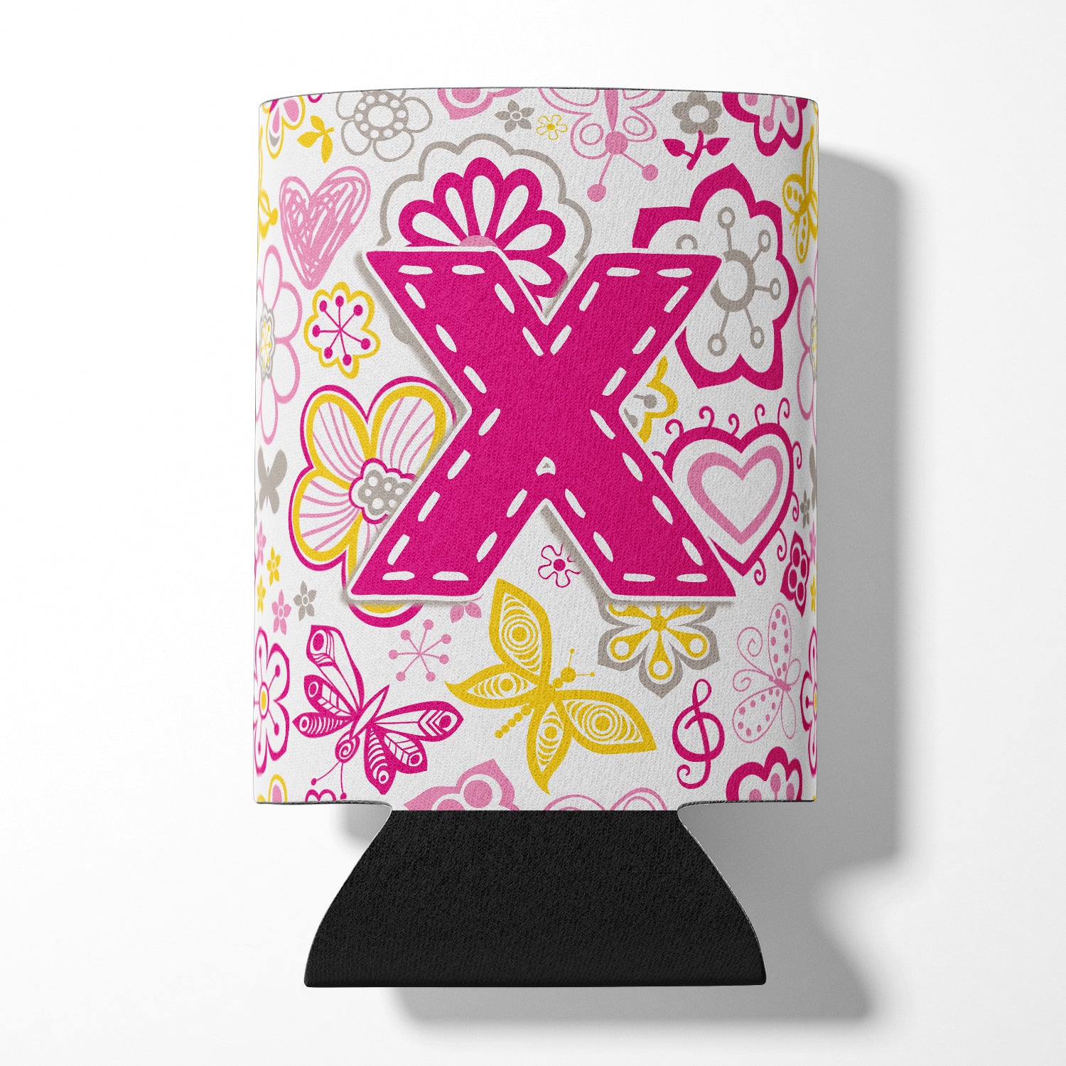 Letter X Flowers and Butterflies Pink Can or Bottle Hugger CJ2005-XCC.