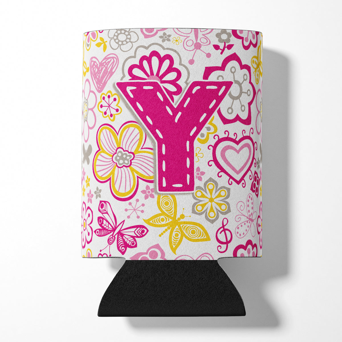 Letter Y Flowers and Butterflies Pink Can or Bottle Hugger CJ2005-YCC.