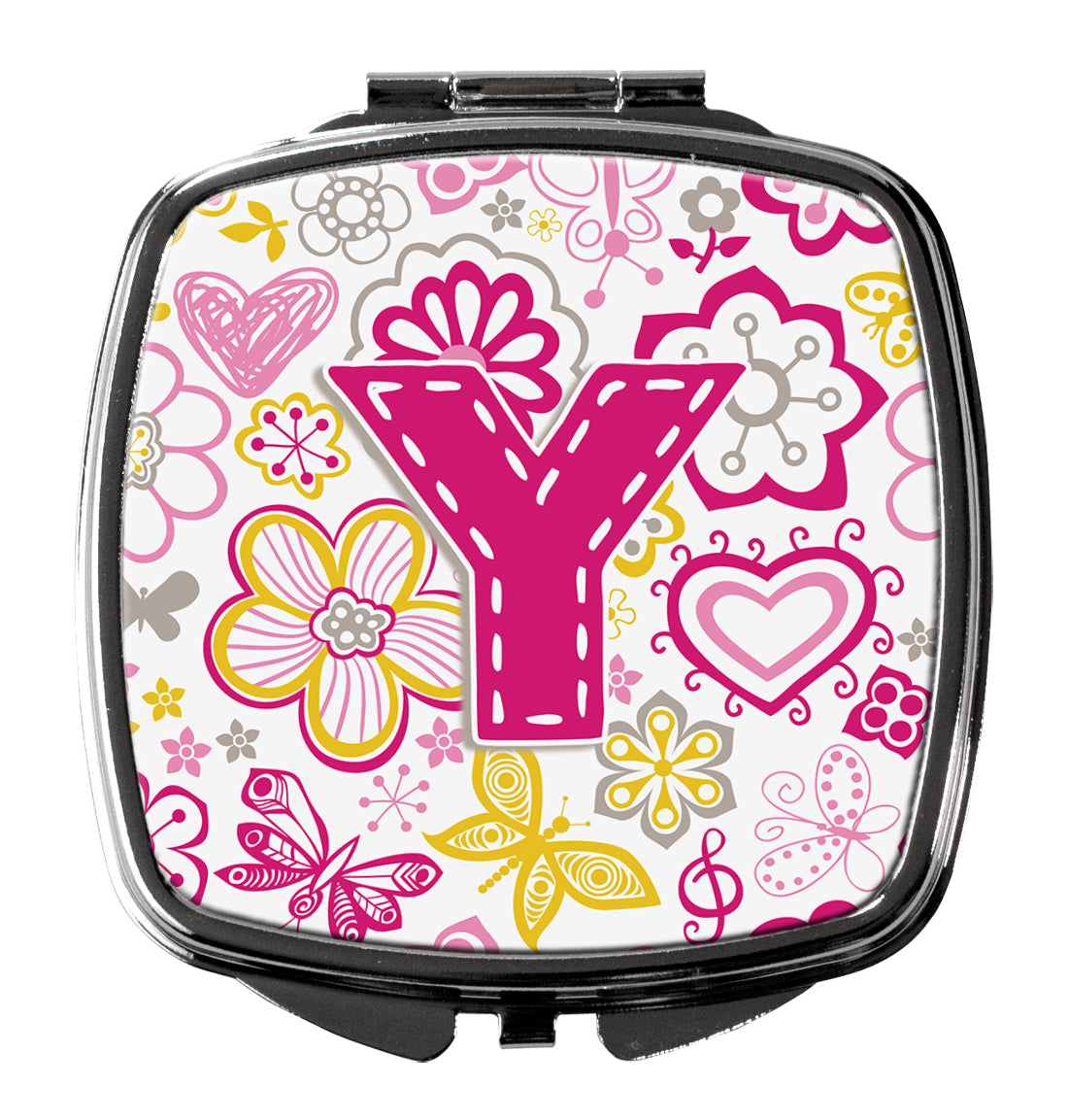 Letter Y Flowers and Butterflies Pink Compact Mirror CJ2005-YSCM  the-store.com.