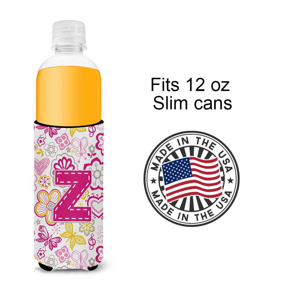 Letter Z Flowers and Butterflies Pink Ultra Beverage Insulators for slim cans CJ2005-ZMUK.