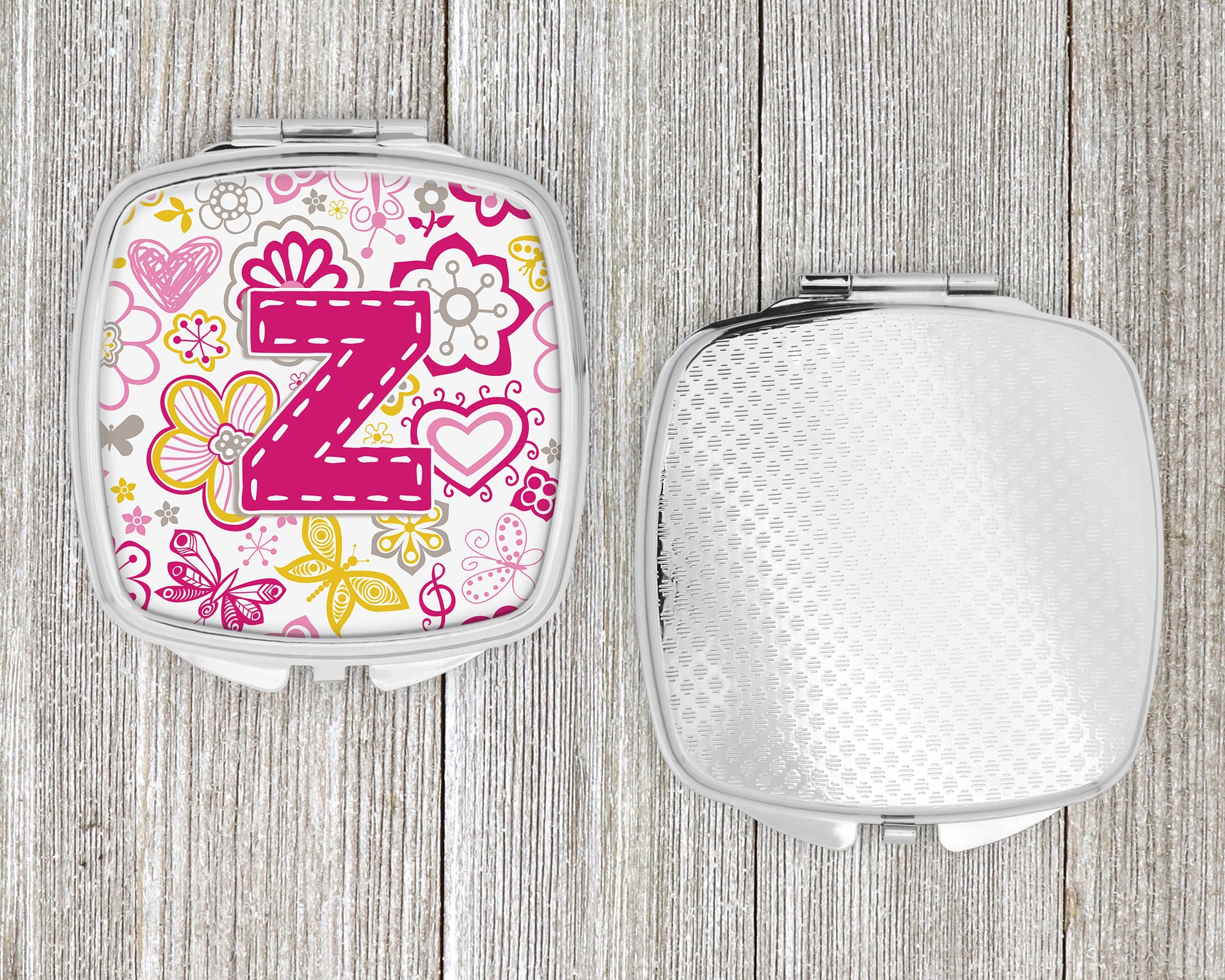 Letter Z Flowers and Butterflies Pink Compact Mirror CJ2005-ZSCM  the-store.com.