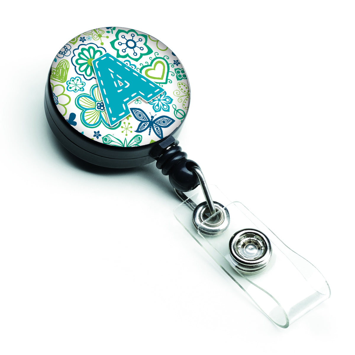 Letter A Flowers and Butterflies Teal Blue Retractable Badge Reel CJ2006-ABR  the-store.com.