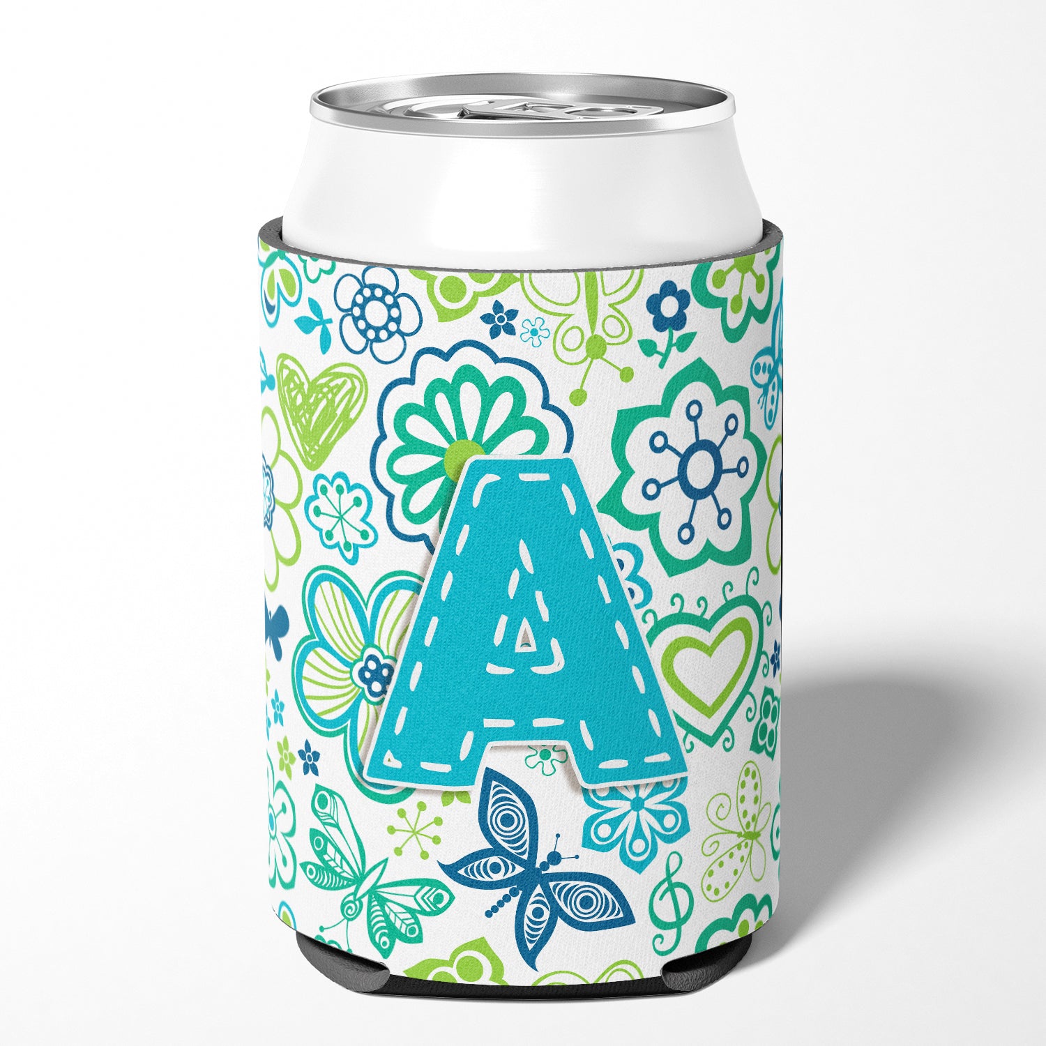 Letter A Flowers and Butterflies Teal Blue Can or Bottle Hugger CJ2006-ACC.