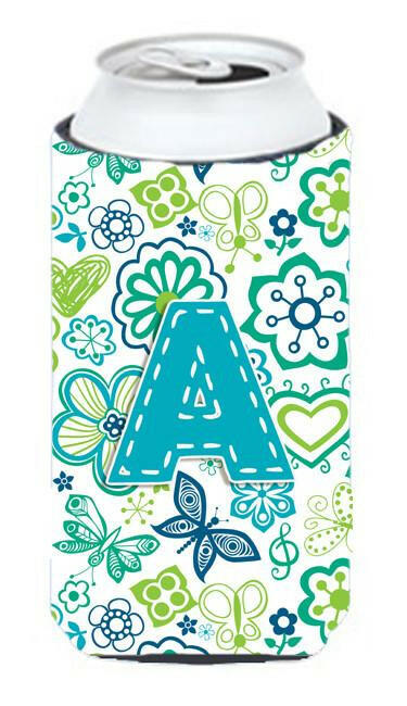 Letter A Flowers and Butterflies Teal Blue Tall Boy Beverage Insulator Hugger CJ2006-ATBC by Caroline's Treasures