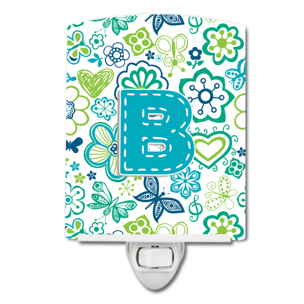 Letter B Flowers and Butterflies Teal Blue Ceramic Night Light CJ2006-BCNL - the-store.com