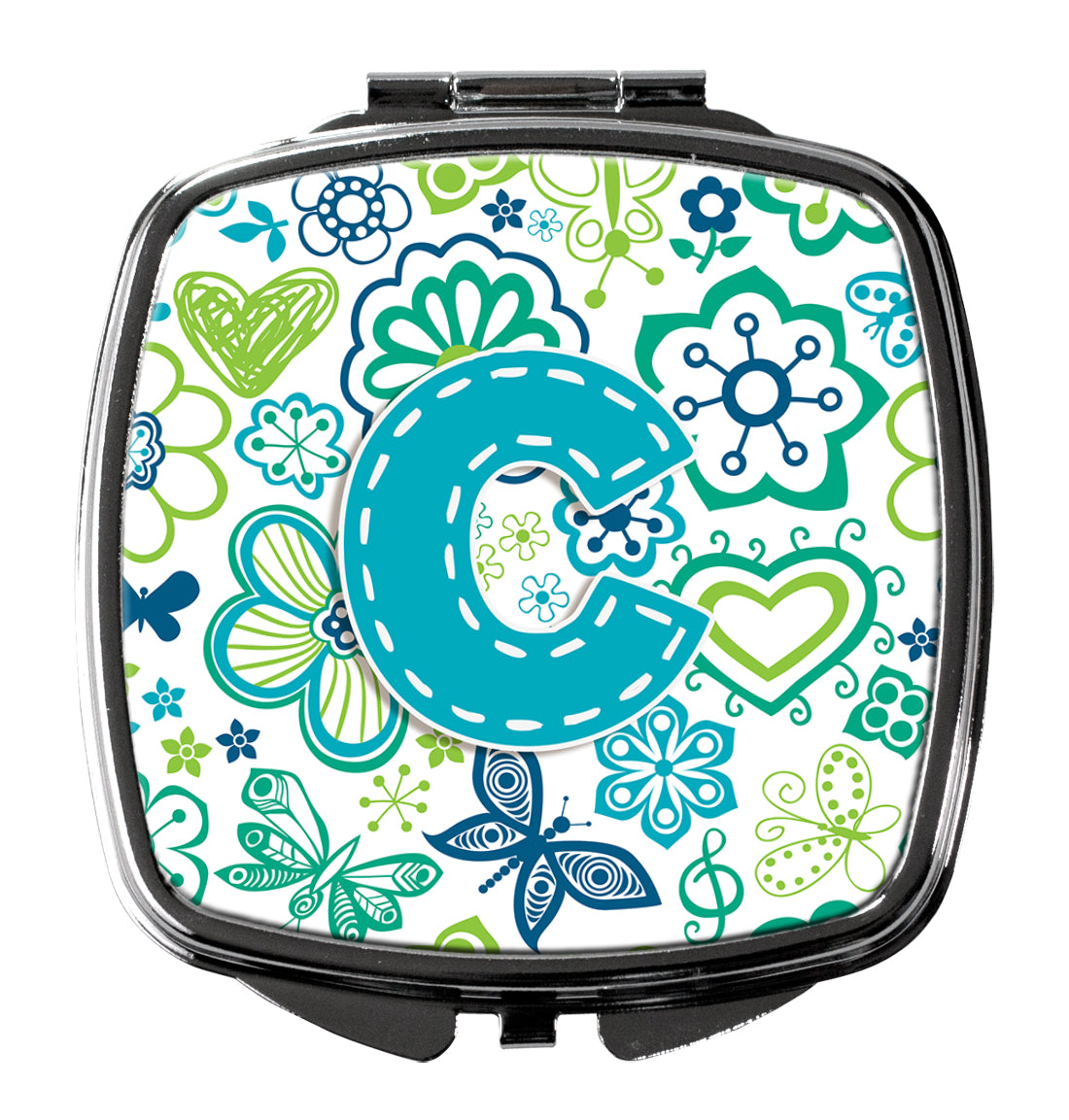 Letter C Flowers and Butterflies Teal Blue Compact Mirror CJ2006-CSCM  the-store.com.