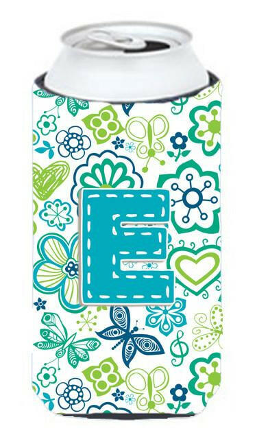 Letter E Flowers and Butterflies Teal Blue Tall Boy Beverage Insulator Hugger CJ2006-ETBC by Caroline's Treasures