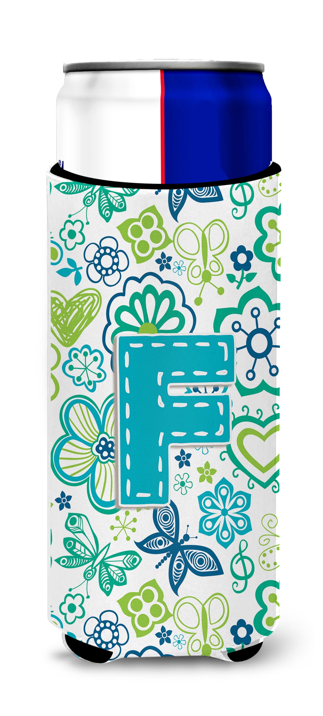 Letter F Flowers and Butterflies Teal Blue Ultra Beverage Insulators for slim cans CJ2006-FMUK.