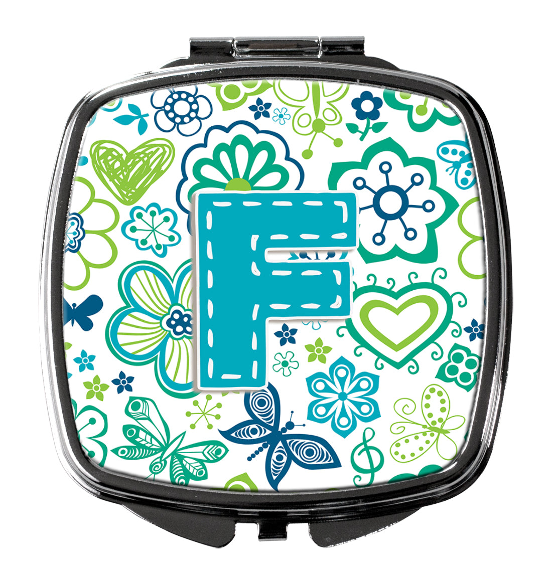 Letter F Flowers and Butterflies Teal Blue Compact Mirror CJ2006-FSCM  the-store.com.