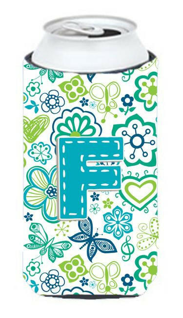 Letter F Flowers and Butterflies Teal Blue Tall Boy Beverage Insulator Hugger CJ2006-FTBC by Caroline's Treasures