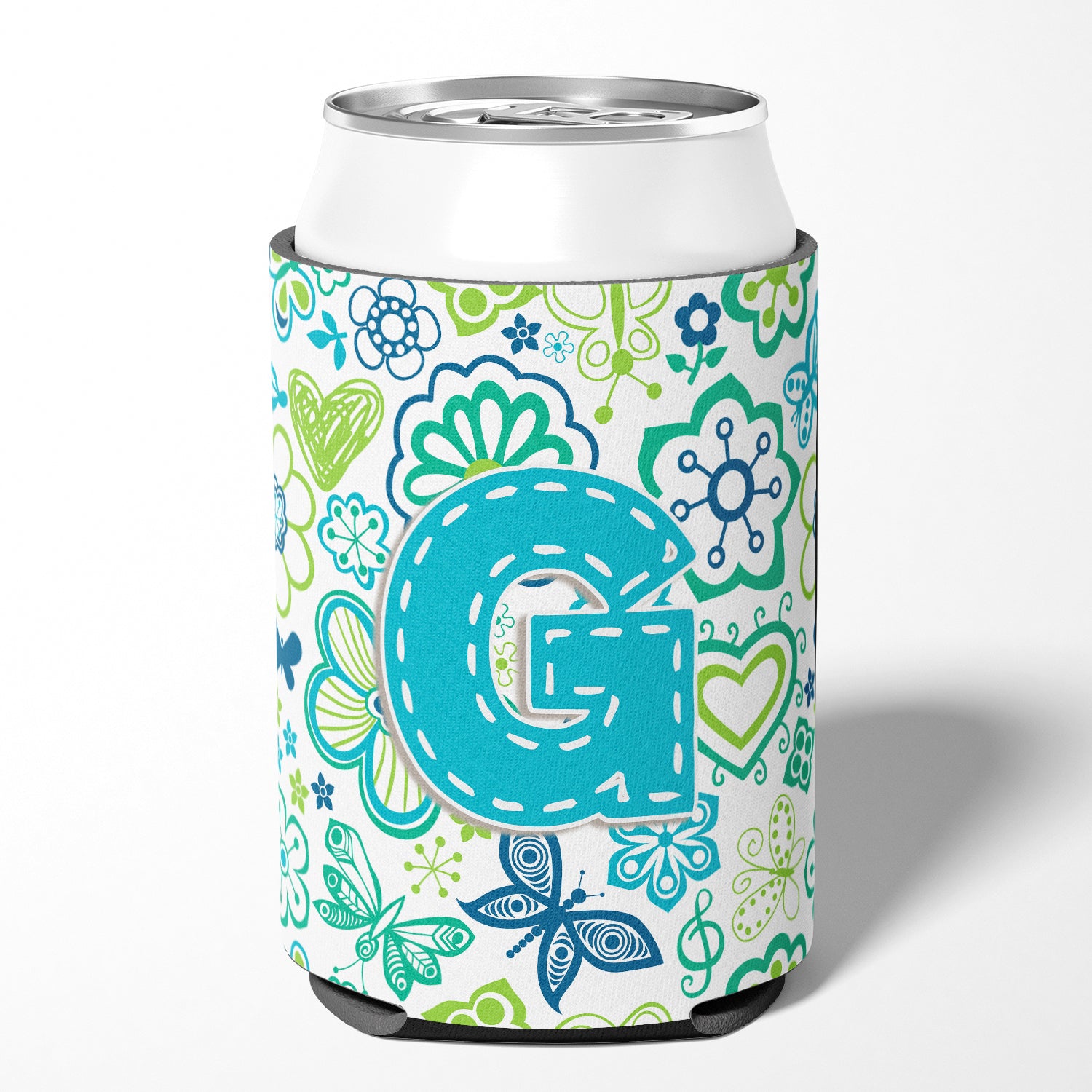 Letter G Flowers and Butterflies Teal Blue Can or Bottle Hugger CJ2006-GCC.