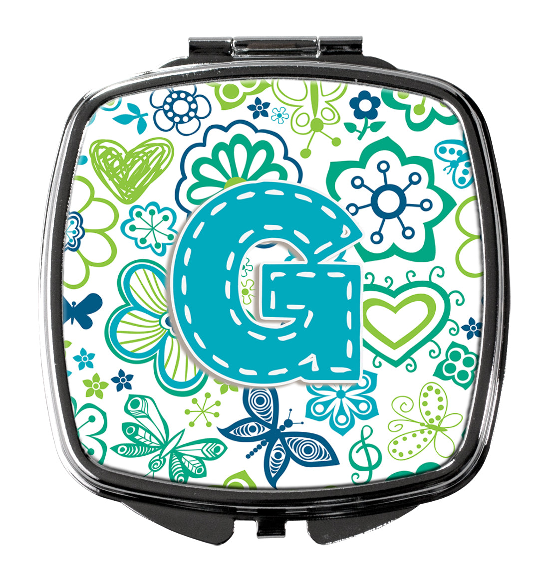 Letter G Flowers and Butterflies Teal Blue Compact Mirror CJ2006-GSCM  the-store.com.