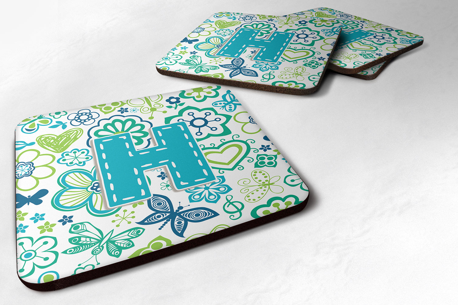 Set of 4 Letter H Flowers and Butterflies Teal Blue Foam Coasters CJ2006-HFC - the-store.com