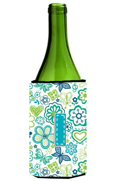 Letter I Flowers and Butterflies Teal Blue Wine Bottle Beverage Insulator Hugger CJ2006-ILITERK by Caroline's Treasures