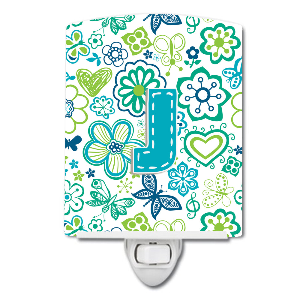 Letter J Flowers and Butterflies Teal Blue Ceramic Night Light CJ2006-JCNL - the-store.com