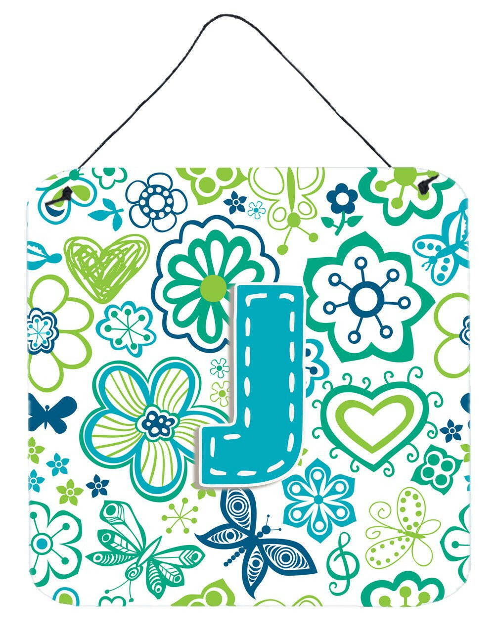 Letter J Flowers and Butterflies Teal Blue Wall or Door Hanging Prints CJ2006-JDS66 by Caroline's Treasures