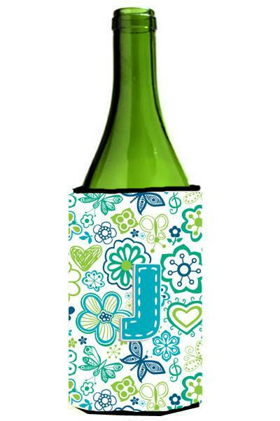 Letter J Flowers and Butterflies Teal Blue Wine Bottle Beverage Insulator Hugger CJ2006-JLITERK by Caroline's Treasures