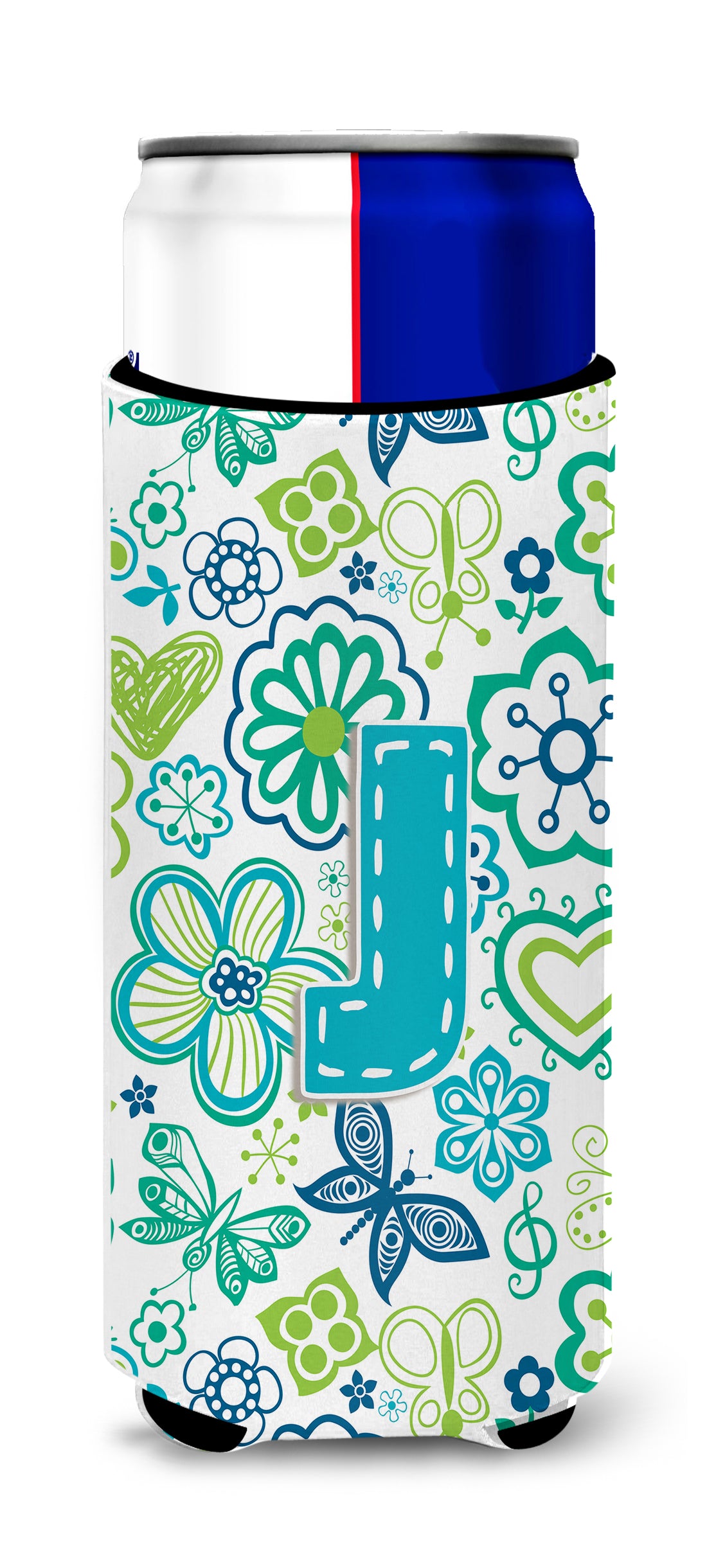 Letter J Flowers and Butterflies Teal Blue Ultra Beverage Insulators for slim cans CJ2006-JMUK.