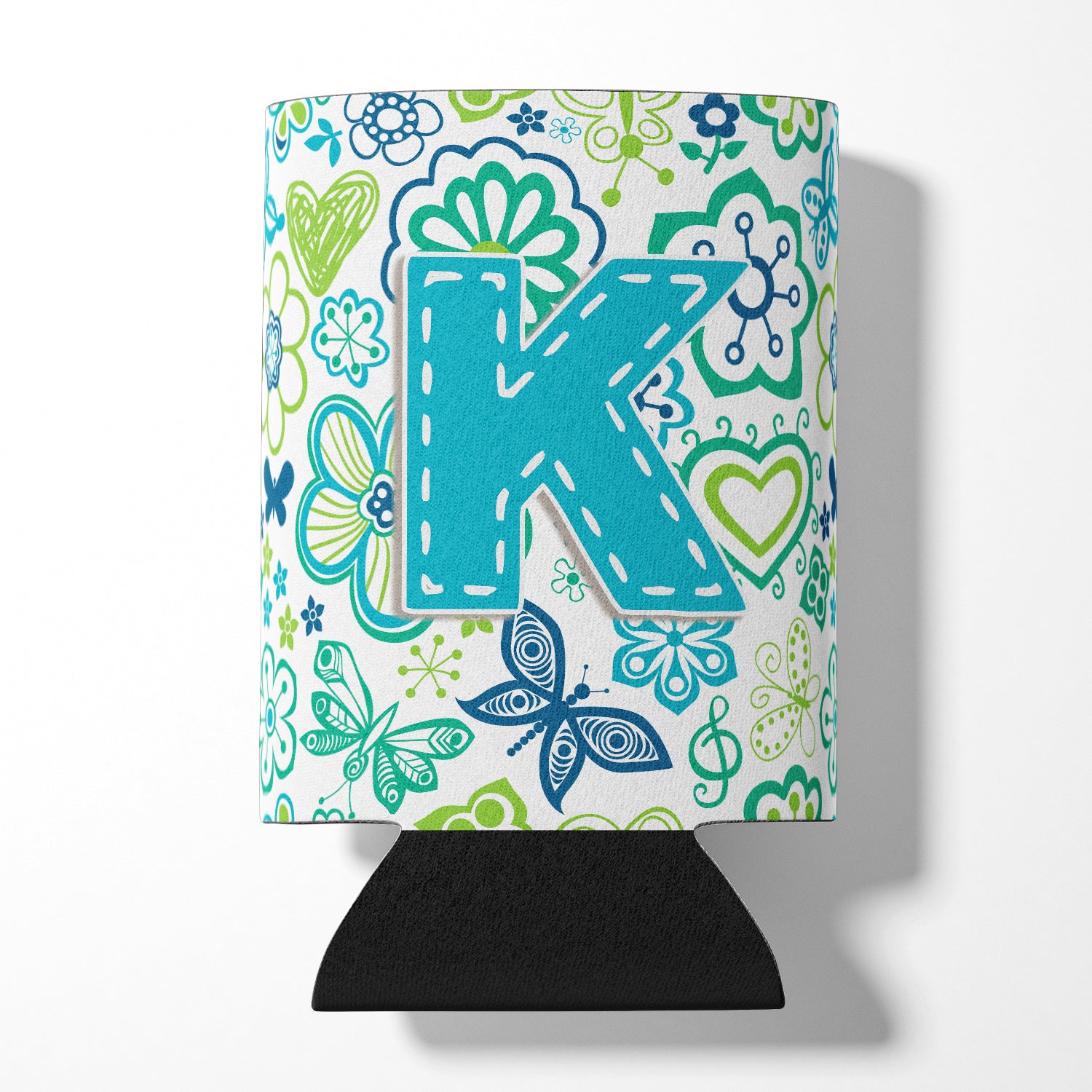 Letter K Flowers and Butterflies Teal Blue Can or Bottle Hugger CJ2006-KCC.