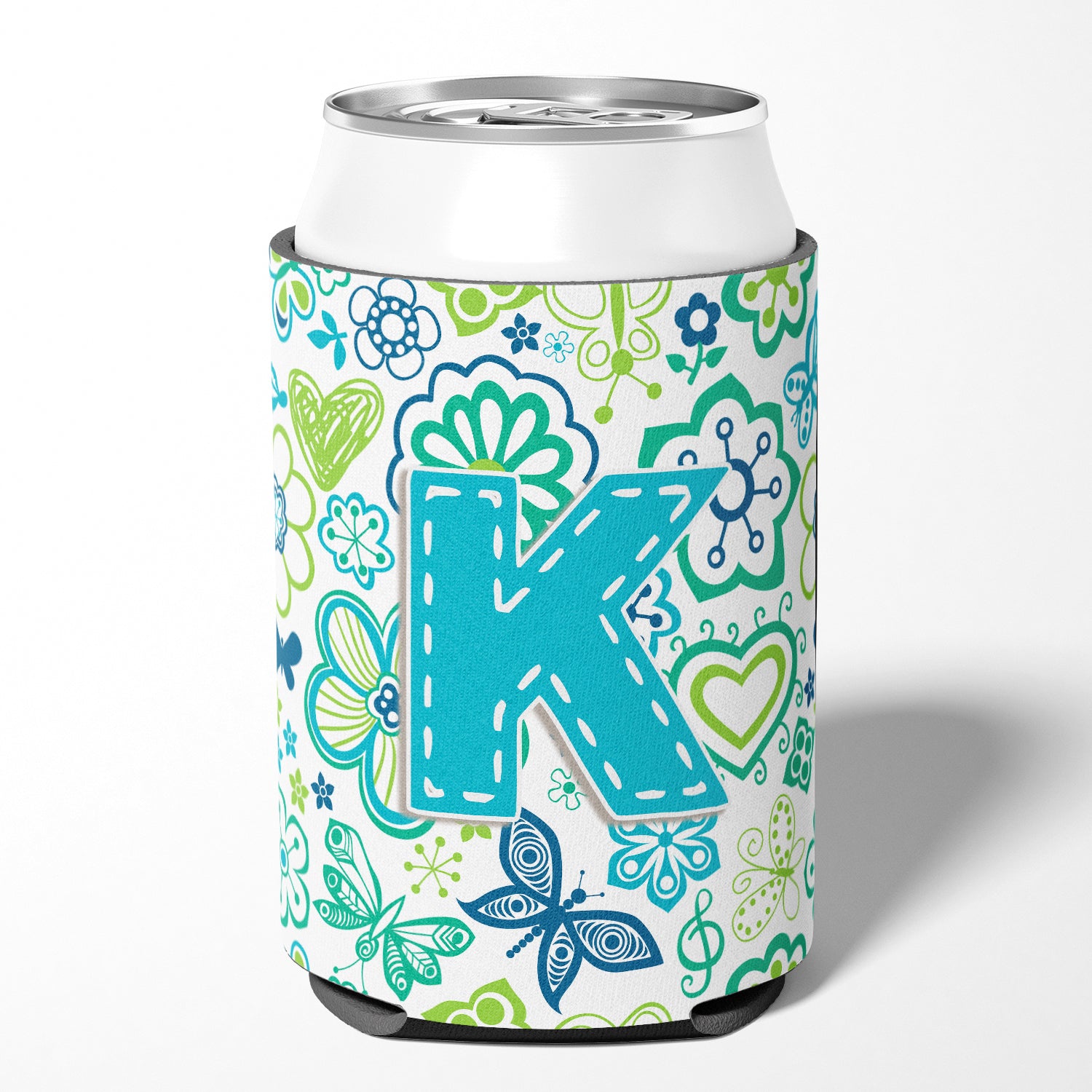 Letter K Flowers and Butterflies Teal Blue Can or Bottle Hugger CJ2006-KCC.